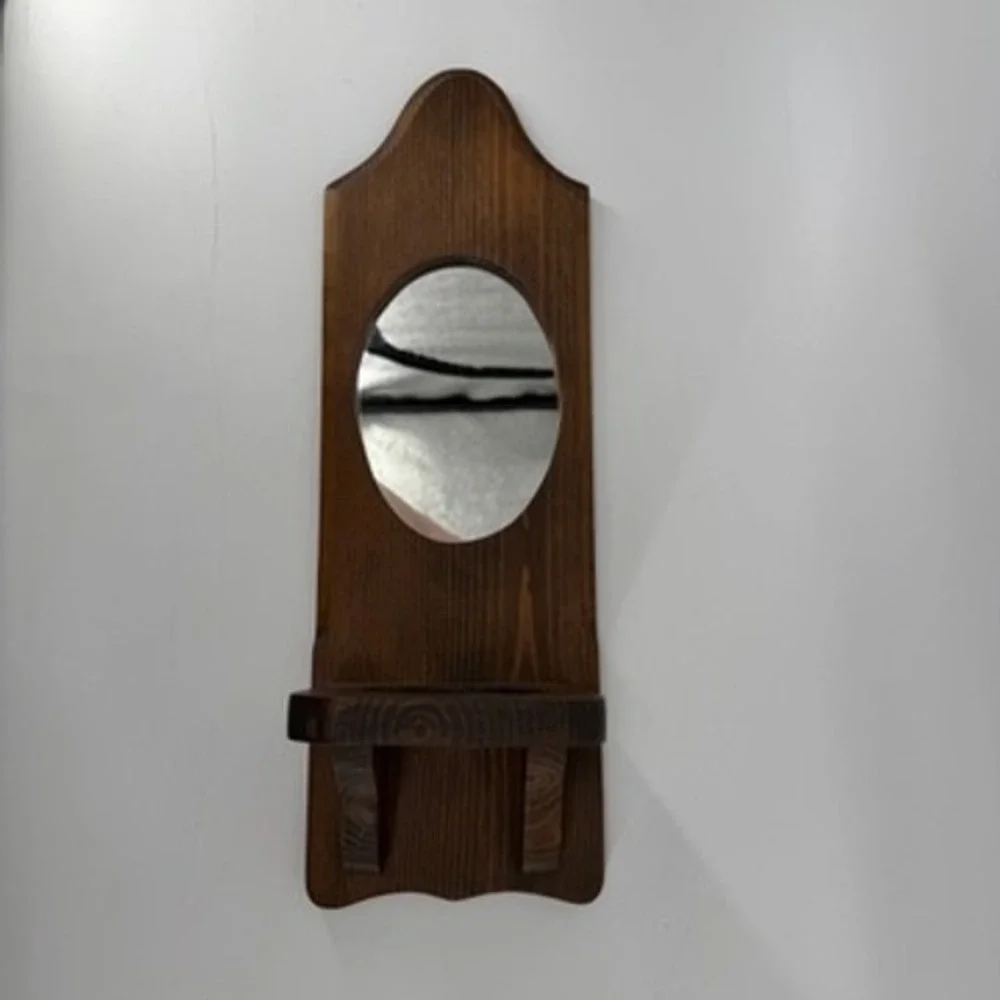 Vintage Rustic Wood Wall Sconce Shelf with Oval Mirror Dark Brown Stained 18in‎